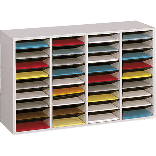 Adjustable Compartment Literature Organizer, Stationary, 36 Slots, Wood, 39-1/4" W x 11-3/4" D x 24" H O-Max