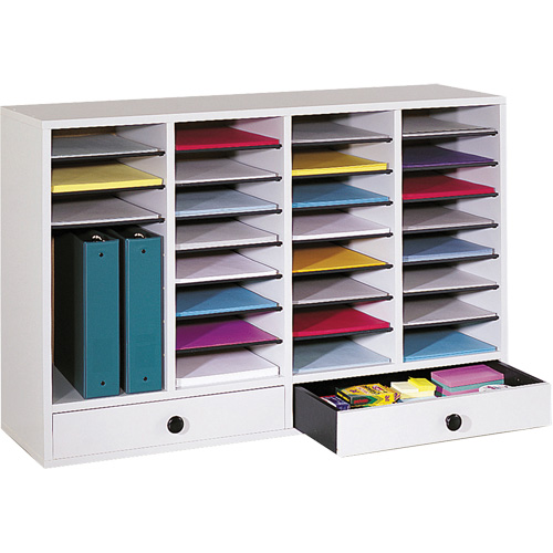 Adjustable Compartment Literature Organizer, Stationary, 34 Slots, Wood, 39-1/4" W x 11-3/4" D x 25-1/4" H O-Max