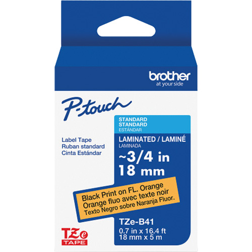 TZe-B41 Laminated Tape for TZe-Compatible P-Touch Label Makers, Black on Fluorescent Orange, 0.7" Width O-Max