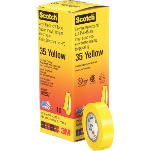 Rubans en vinyle pour codage en couleurs 35 Scotch, 12,7 mm (1/2") x 6,1 m (20'), Jaune, 7 mils O-Max