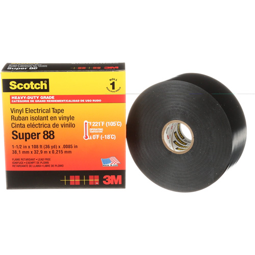 Scotch&reg; Vinyl Electrical Tape Super 88, 38 mm (1-1/2") x 33 m (108'), Black, 8.5 mils O-Max