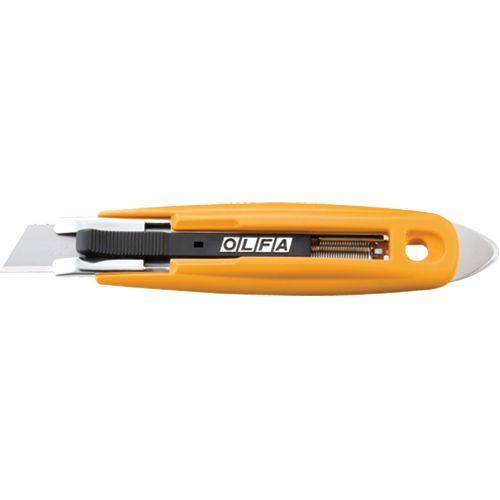 Self-Retracting Safety Knife with Tape Slitter, 17.5 mm, Carbon Steel, Plastic Handle O-Max