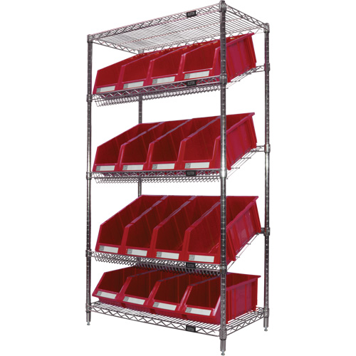 &eacute;tag&egrave;re en treillis m&eacute;tallique &agrave; tablettes inclin&eacute;es avec bacs, Tiers 5, 36" la x 63" h x 18" p O-Max