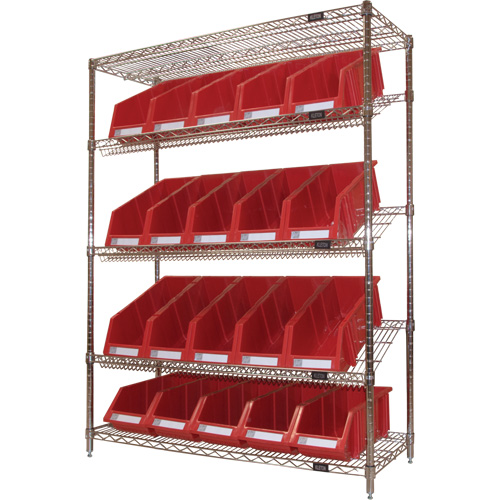 Slanted Wire Shelf with Bins, 5 Tiers, 48" W x 63" H x 18" D O-Max