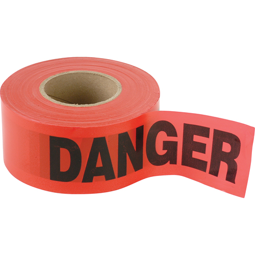 Petits rubans standards pour barricades, Anglais, 3" la x 300' lo, 2 mils, Noir/rouge O-Max