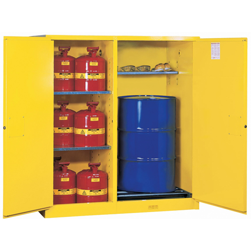 Armoires Sure-Grip EX s&eacute;curitaires &agrave; double fonction, Capacit&eacute; de 115 gal. US, 13 barils, Jaune O-Max