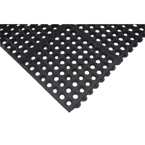 Tapis modulaire antifatigue, Nid d'abeilles, 3' x 3' x 1/2", Noir, Caoutchouc naturel O-Max