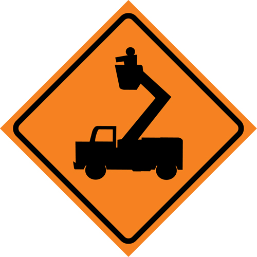 Man in Elevated Bucket Roll-Up Traffic Sign, 29-1/2" x 29-1/2", Vinyl, Pictogram O-Max