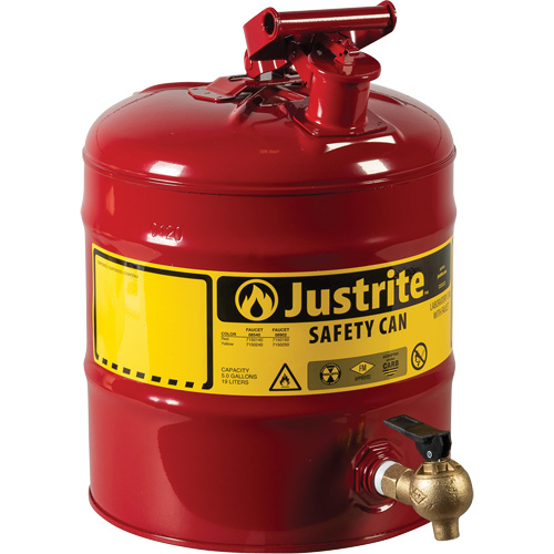 Bidon avec robinet s&eacute;curitaires pour laboratoires, Type I, Acier, 5 gal. US, Rouge, Homologu&eacute; FM O-Max