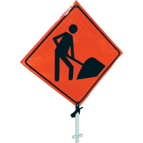 Enseigne sur poteau pr&eacute;sence de travailleurs, 24" x 24", Vinyle, Pictogramme O-Max