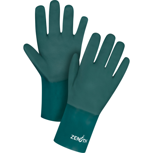 Double Dipped Green Gloves, 12" L, PVC, Cotton Jersey Inner Lining, 70-mil O-Max
