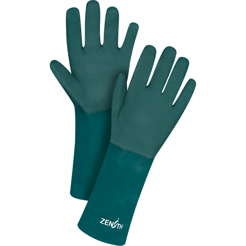 Double Dipped Green Gloves, 14" L, PVC, Cotton Jersey Inner Lining, 70-mil O-Max