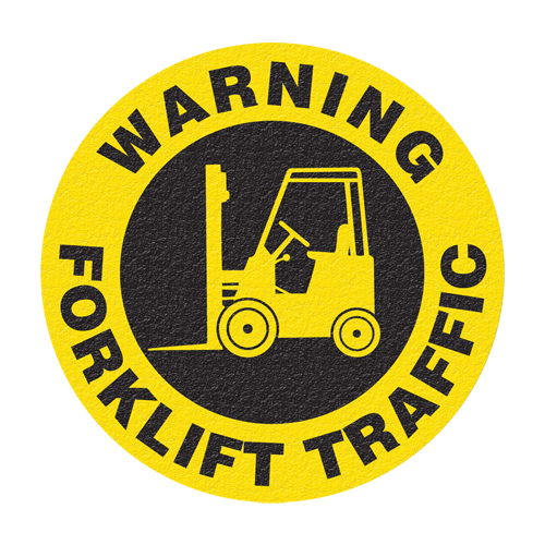 "Warning Forklift Traffic" Floor Sign, Adhesive, English with Pictogram O-Max