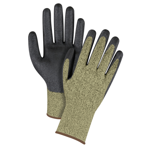 Gants &eacute;lastiques sans coutures r&eacute;sistants &agrave; la coupe noir & jaune, Taille Grand/9, Calibre 13, Rev&ecirc;tement Mousse de nitrile, Enveloppe en Aramide, ASTM ANSI niveau A6 O-Max