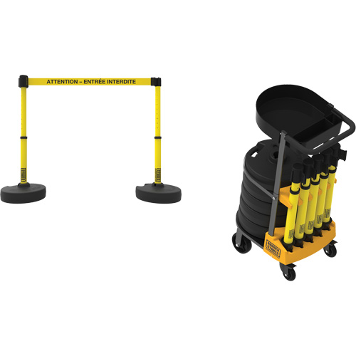 Syst&egrave;me de barri&egrave;re &agrave; chariot portatif avec plateau Plus, 75' lo, M&eacute;tal/Plastique, Jaune O-Max