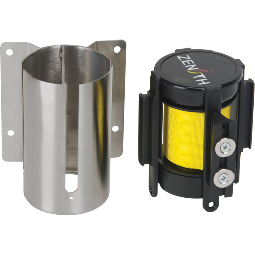 Barri&egrave;re &agrave; fixation murale avec ruban magn&eacute;tique, Acier, Fixation par vis, 7', Ruban Jaune O-Max