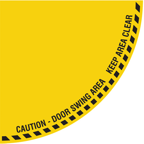 Signalisation au sol ?Caution? (attention) pour porte battante en quart de cercle, Adh&eacute;sif, Anglais avec pictogramme O-Max