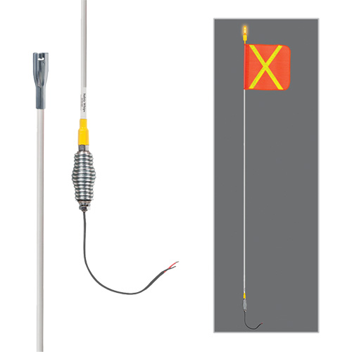 Tiges de s&eacute;curit&eacute; tout-temps de s&eacute;rie lourde avec lumi&egrave;re DEL constante Safety Whip, Fixation Ressort, Hauteur 10', Orange avec X r&eacute;fl&eacute;chissant O-Max