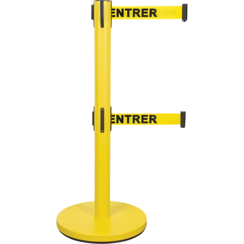 Barri&egrave;re pour le contr&ocirc;le des foules &agrave; courroie double, Acier, 35" h, Ruban Jaune, Longueur du ruban 7' O-Max
