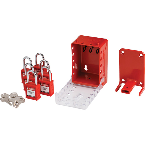Boîte de cadenassage de groupe ultra compacte avec cadenas de s&eacute;curit&eacute; en nylon, Rouge O-Max