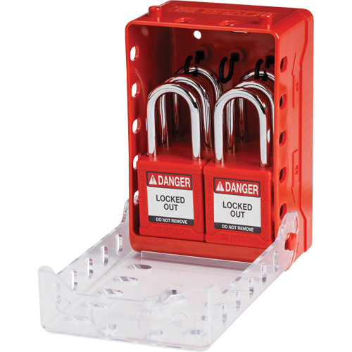 Boîte de cadenassage de groupe ultra compacte avec cadenas de s&eacute;curit&eacute; en nylon, Rouge O-Max