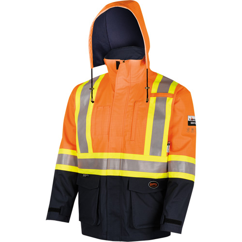 4484 Manteau de s&eacute;curit&eacute; Defender antistatique/ignifuge/anti-arc &eacute;lectrique en trilamin&eacute;, Petit, Noir/Orange haute visibilit&eacute;, 11 cal/cm² O-Max