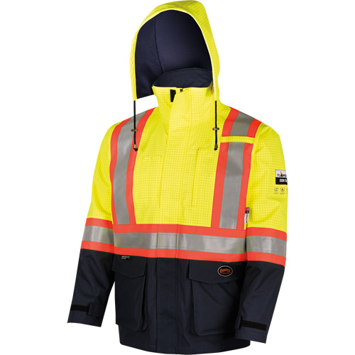 4485 Manteau de s&eacute;curit&eacute; Defender antistatique/ignifuge/anti-arc &eacute;lectrique en trilamin&eacute;, Petit, Noir/Jaune haute visibilit&eacute;, 11 cal/cm² O-Max