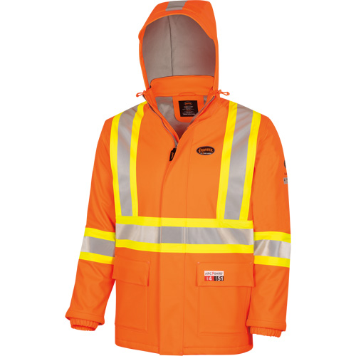 5884 Manteau imperm&eacute;able ignifuge et r&eacute;sistant aux arcs &eacute;lectriques avec capuchon Flash-Gard, Petit, Orange haute visibilit&eacute;, 51 cal/cm² O-Max