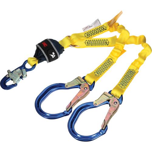 Twin-Leg Stretch Web Shock-Absorbing Lanyard, 4', Rebar Hook Center, Snap Hook Leg Ends O-Max