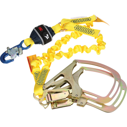 Twin-Leg Stretch Web Shock-Absorbing Lanyard, 6', Rebar Hook Center, Snap Hook Leg Ends O-Max
