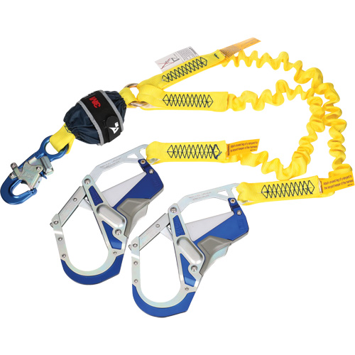 Twin-Leg Stretch Web Shock-Absorbing Lanyard, 6', Rebar Hook Center, Snap Hook Leg Ends O-Max