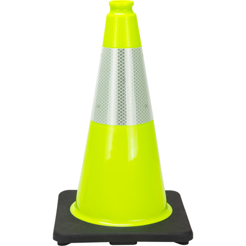 C&ocirc;ne de signalisation de premi&egrave;re qualit&eacute;, 18", Vert lime, Bande(s) r&eacute;fl&eacute;chissante(s) 6" O-Max