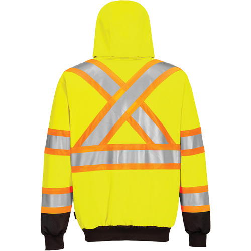 Chandail de s&eacute;curit&eacute; &agrave; capuchon avec bandes contrastantes, Petit, Noir/Jaune lime haute visibilit&eacute; O-Max