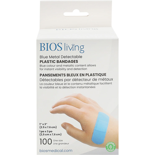 Bandages hydrofug&eacute;s bleu, Rectangulaire/carr&eacute;e, 3", Plastique d&eacute;tectable, St&eacute;rile O-Max