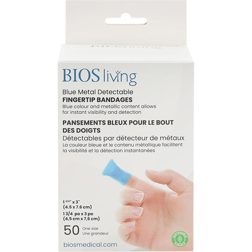 Bandages bleus, Bout de doigt, 3", Tissu d&eacute;tectable, St&eacute;rile O-Max