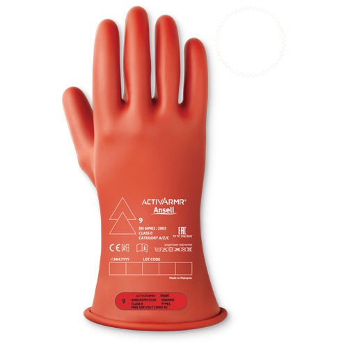 ActivArmr&reg; Electrical Insulating Class 0 Gloves, 8, 11" L, Level 1, ASTM D120/ATSM F2675:2021/IEC 614821-2:2014 O-Max