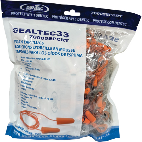 SEALTEC33 Orange Tapered PU Foam Disposable Earplugs, Bulk - Polybag, Corded O-Max