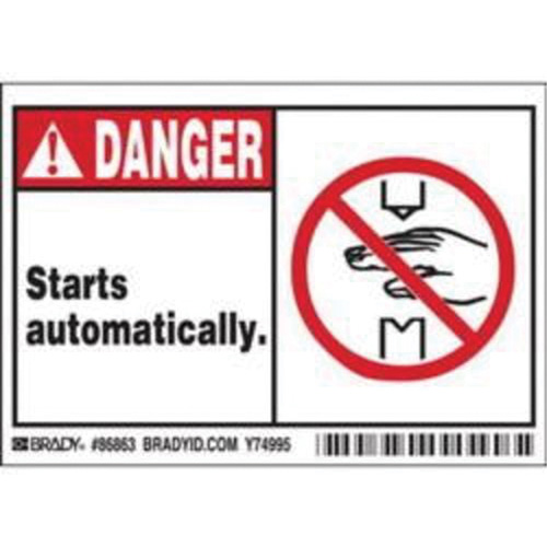 Enseigne Danger Starts Automatically, 3-1/2" x 5", Polyester, Anglais avec pictogramme O-Max