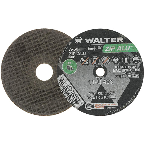 Meule ZIP ALU, 4" x 1/32", Arbre de 3/8", Type 1, Oxyde d'aluminium, 19100 Tr/min O-Max