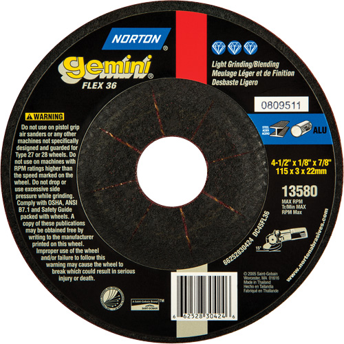 Gemini&reg; Flexible Mini Disc Depressed Centre Wheel, 4-1/2" x 1/8", 7/8" Arbor, Aluminum Oxide, Type 27 O-Max