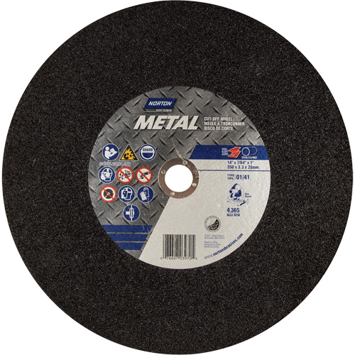 Metal A Chop Saw Cut-Off Wheel, 14" x 3/32", 1" Arbor, Type 01/41, Aluminum Oxide, 4365 RPM O-Max