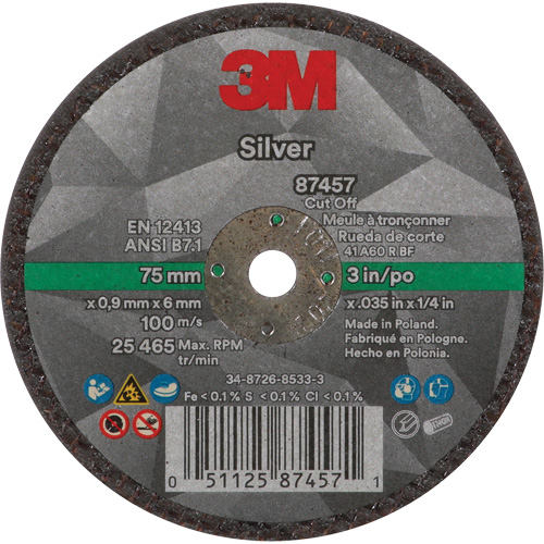Meule &agrave; tronçonner Silver, 3" x 0,04", Arbre de 1/4"-28, Type 1, C&eacute;ramique, 25645 Tr/min O-Max