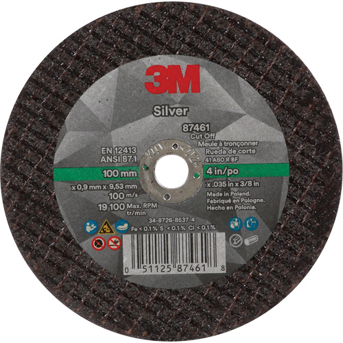 Silver Cut-Off Wheel, 4" x 0.04", 3/8"-24 Arbor, Type 1, Ceramic, 19100 RPM O-Max