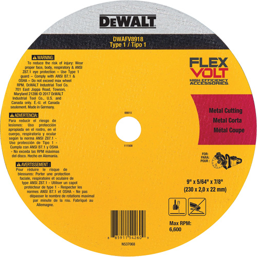 FlexVolt&reg; Metal Cut-Off Wheel, 9-1/16" x 0.078", 22.23 mm Arbor, Ceramic, Type 1 O-Max