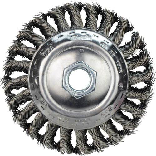 Disque m&eacute;tallique &agrave; fils torsad&eacute;s, Dia. 4", Fils 0,02", Arbre 5/8"-11, Acier au carbone O-Max
