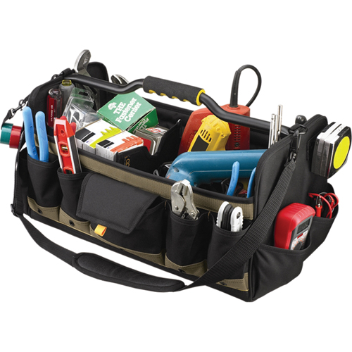 Open Top 20" Soft Side Tool Boxes, Polyester, 27 Pockets, Black O-Max