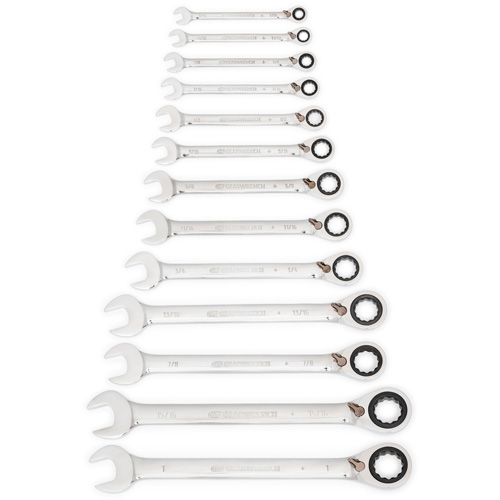 72-Tooth 12 Point Reversible Ratcheting SAE Wrench Set, Combination, 13 Pieces, Imperial O-Max