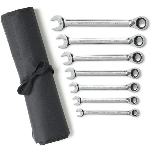 Jeu de cl&eacute;s &agrave; cliquets r&eacute;versibles SAE &agrave; 12 pans et 72 dents avec pochette &agrave; outils enroulable, Combinaison, 7 morceaux, Imp&eacute;rial O-Max
