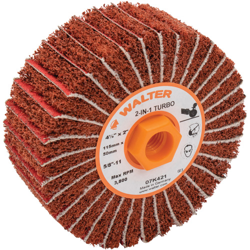 Two-In-One Turbo Drums, 4-1/2" Dia. x 2" W, 5/8"-11 Arbor, 60 Grit O-Max