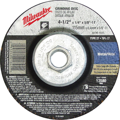 Grinding Wheel, 4-1/2" x 1/8", 5/8"-11 Arbor, Aluminum Oxide, Type 27 O-Max